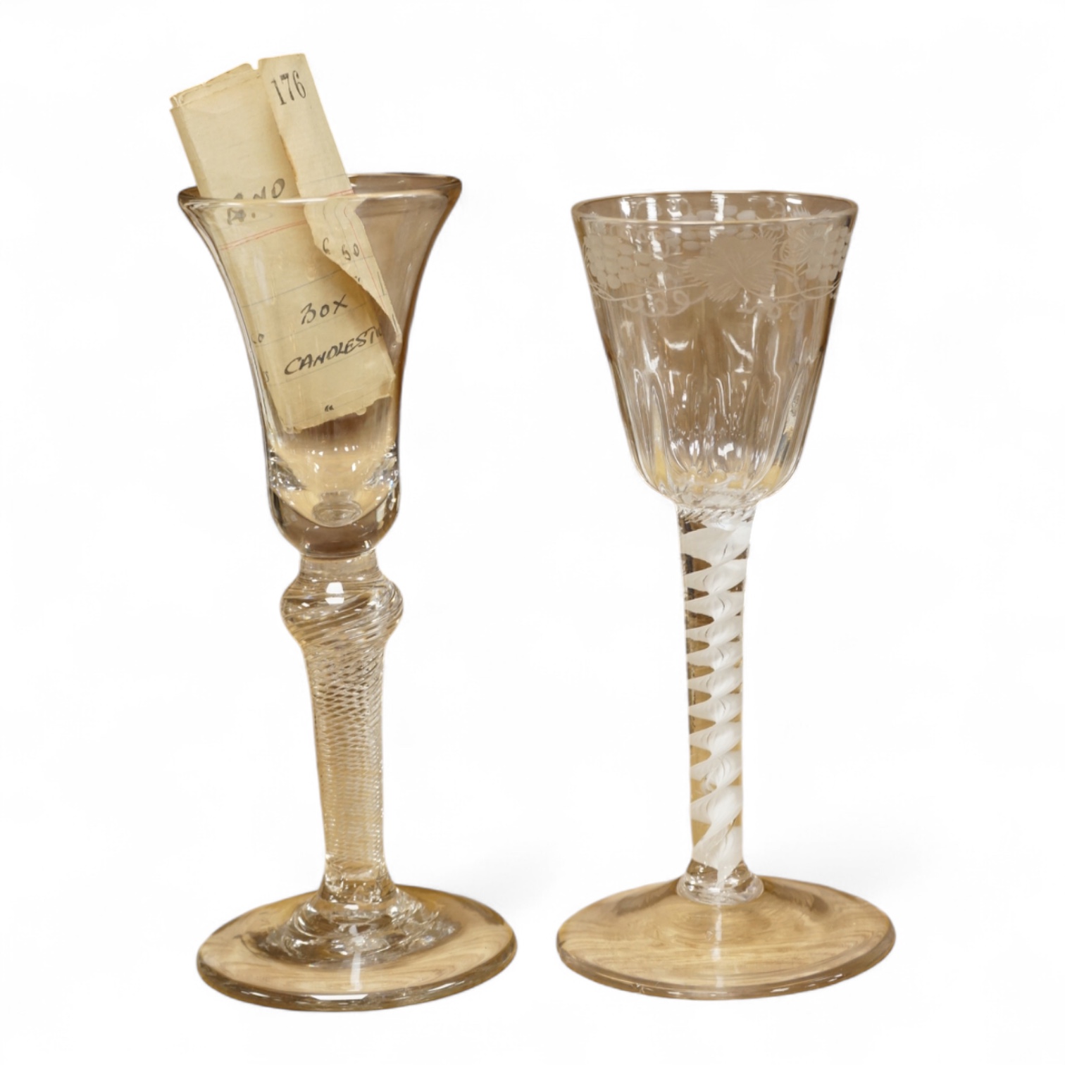Two Georgian wine glasses, one with air twist stem and etched decoration to the bowl, largest 16cm high